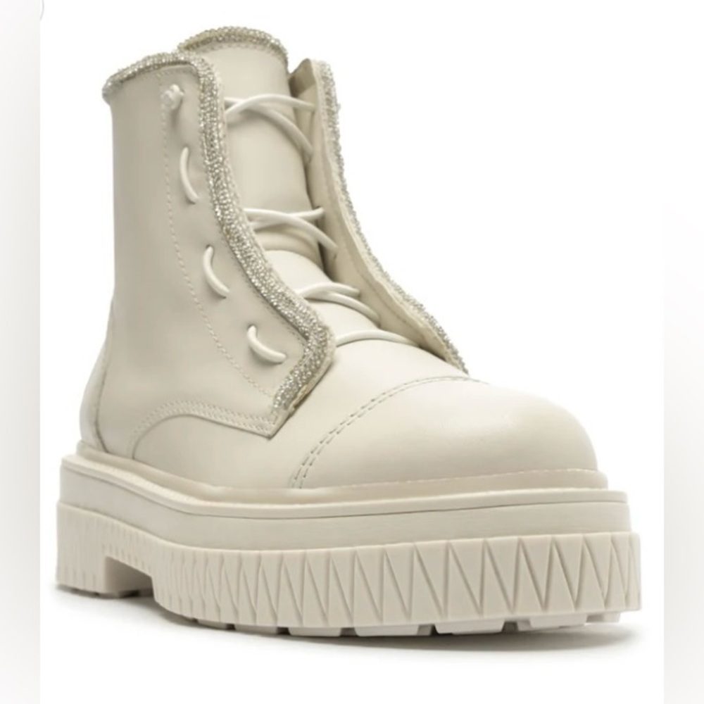 SCHUTZ Amirah Lug Sole Rhinestone Leather Combat Bootie